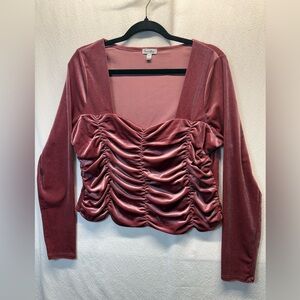 Fairycore Love,Fire Pink Ruched Velvet Square-Neck Long Sleeve Crop Top Junior L